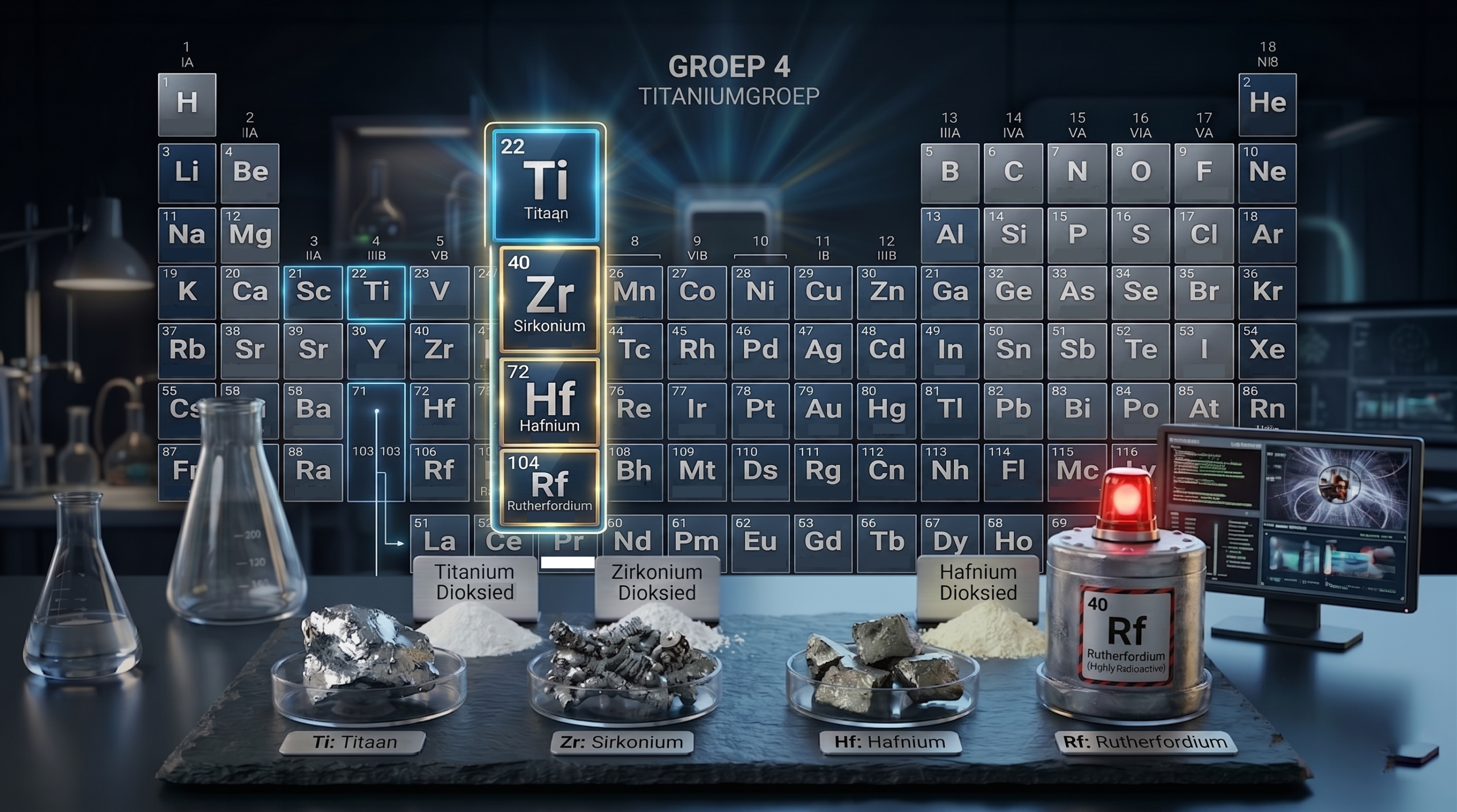 Illustrasie van groep 4 elementen in die Periodieke Tabel met fokus op Titaan, Sirkonium, Hafnium en Rutherfordium