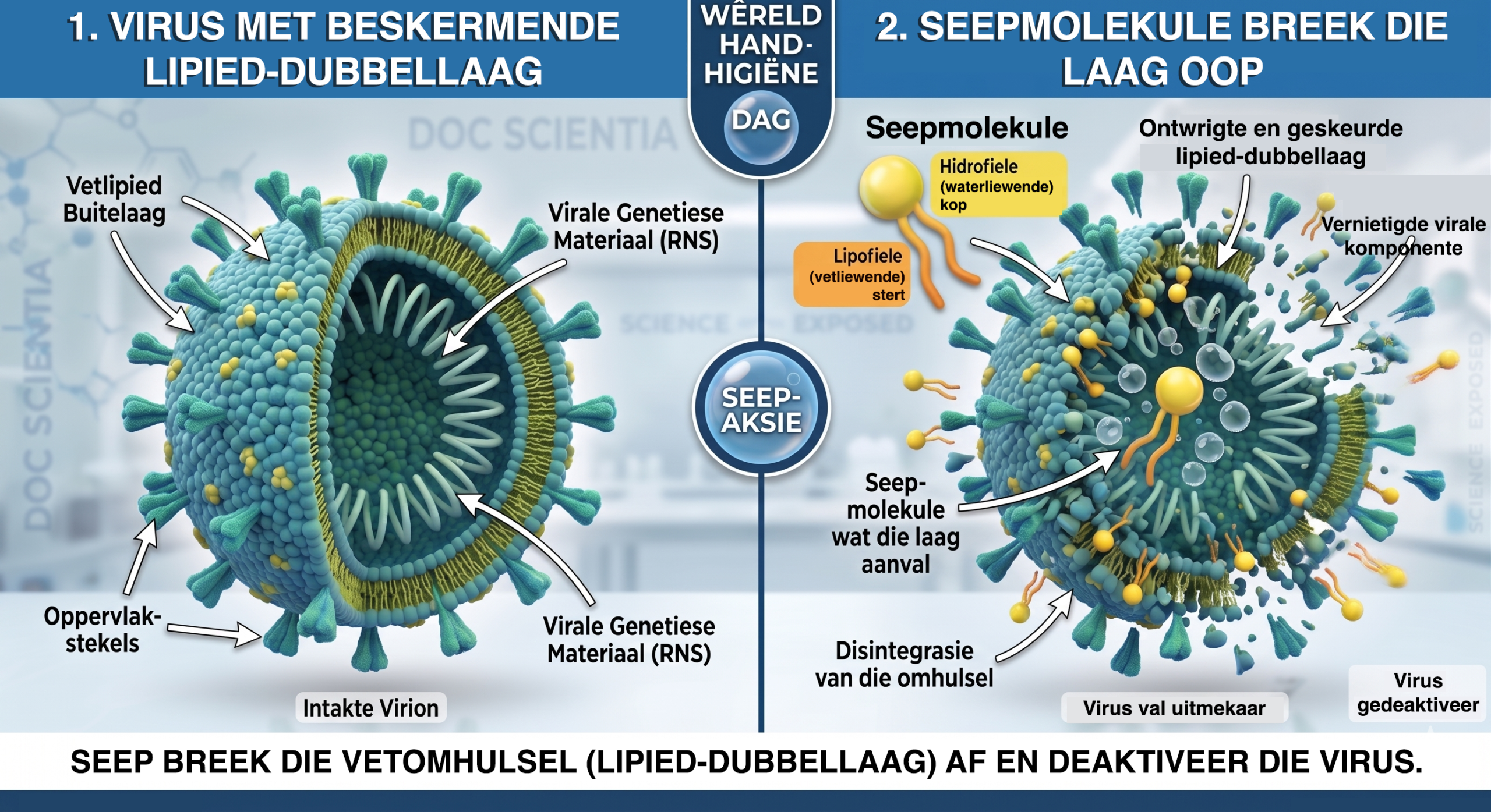 Illustrasie van hoe seep 'n virusmolekule aanval