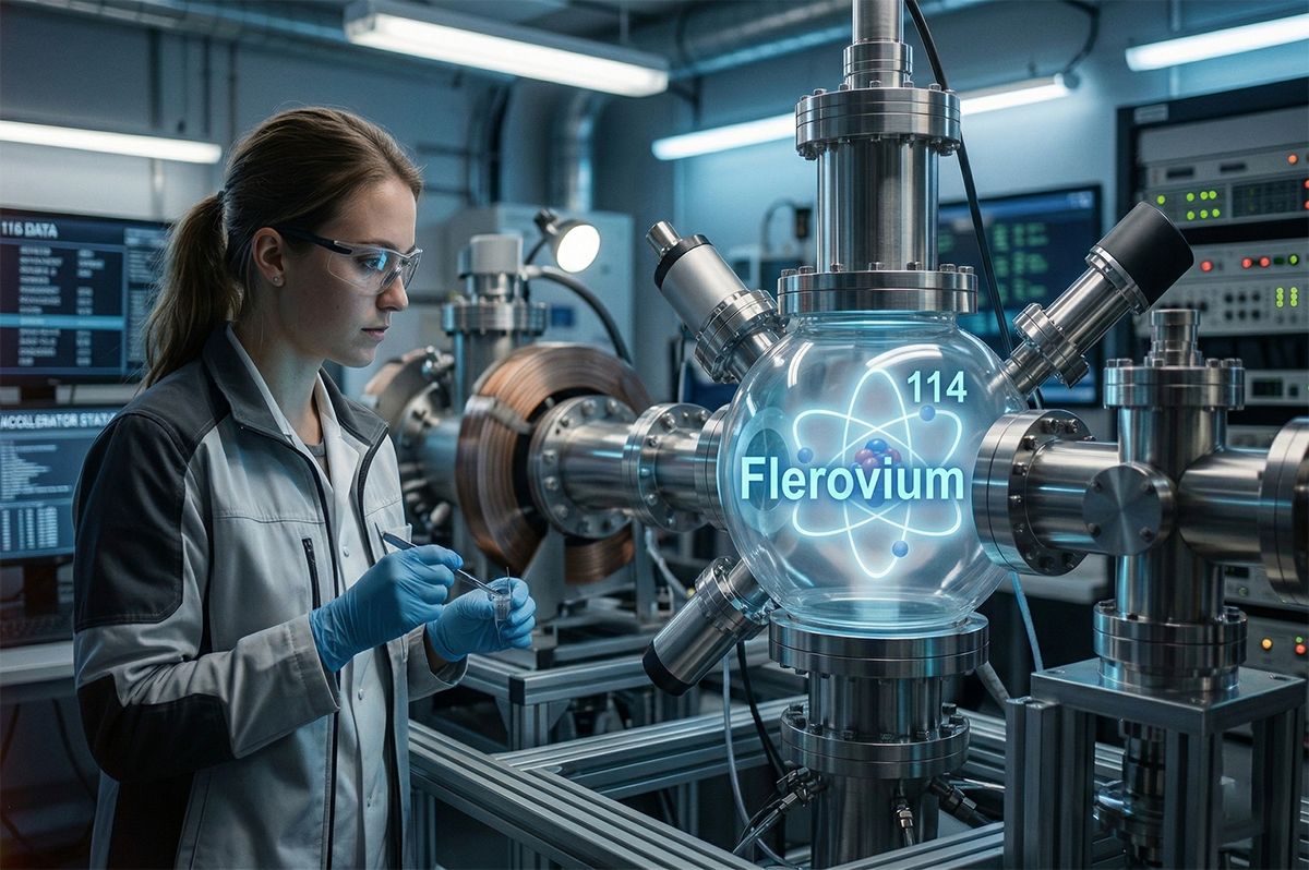 Image illustrating flerovium in lab environment due to it not having any practical uses